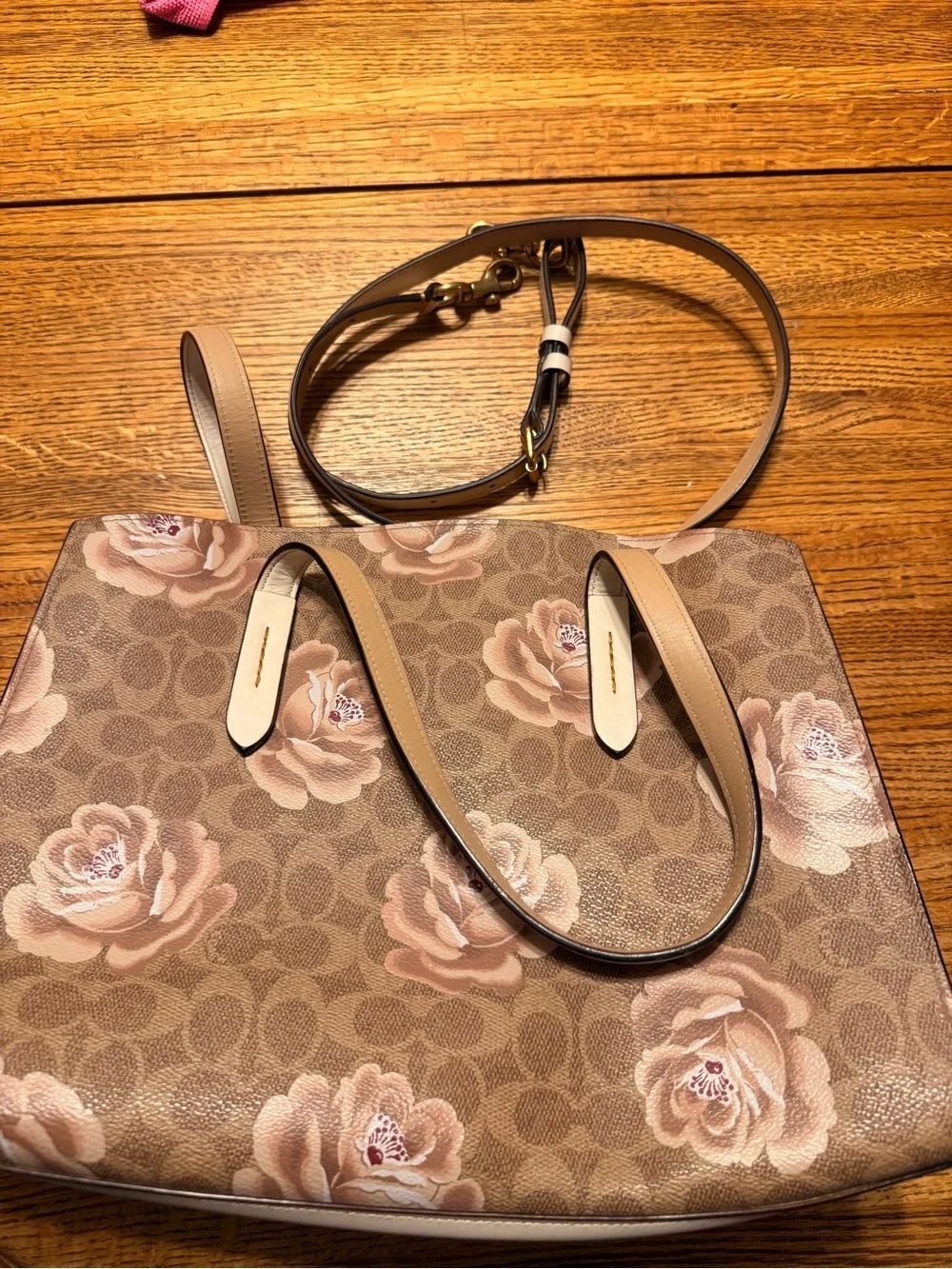 Coach 31667 Charlie Carryall Rose Print Signature C Tan Pink & Chalk Color Block